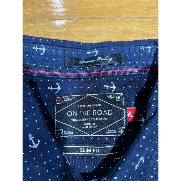 On The Road Shirt Mens XL Button Up Blue Nautical Anchor Print Slim Fit Casual - Picture 3 of 7